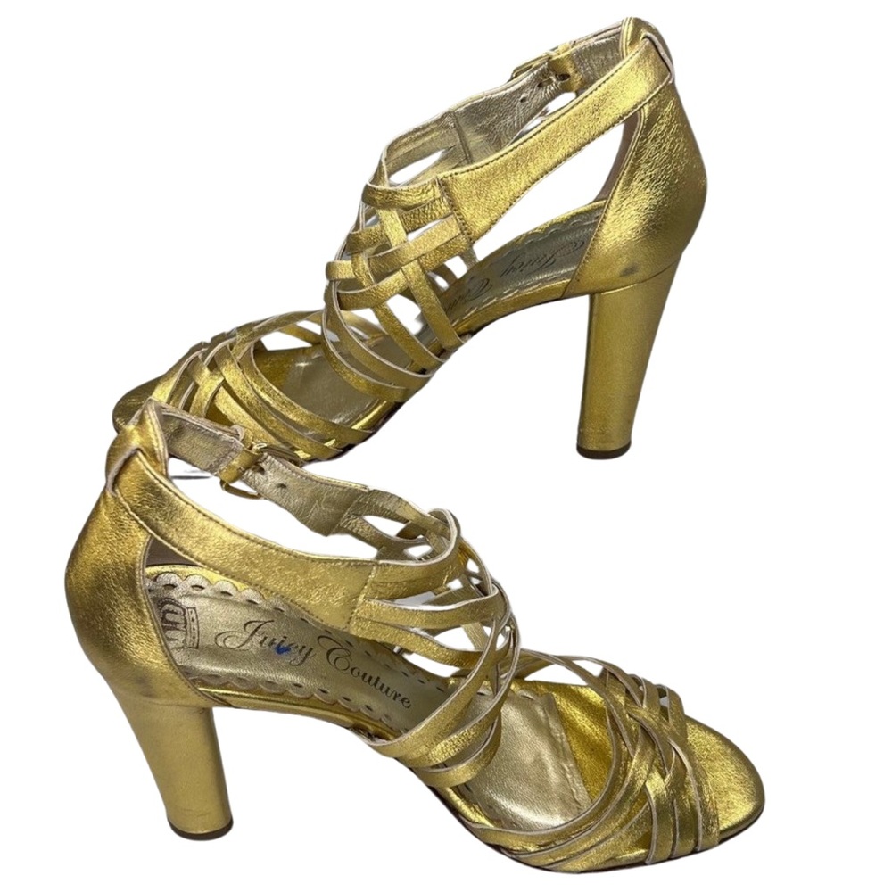 Juicy Couture Strappy Leather High Heel Shoes Metallic Gold Sandals 9.5